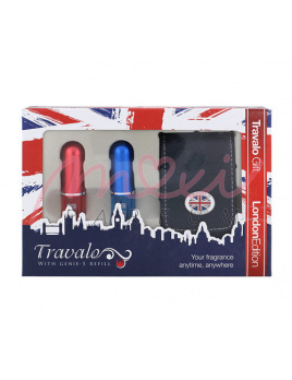 Travalo London Edition, Wielokrotnego napełniania flakón červený 5 ml + Wielokrotnego napełniania flakón modrý 5 ml + pouzdro